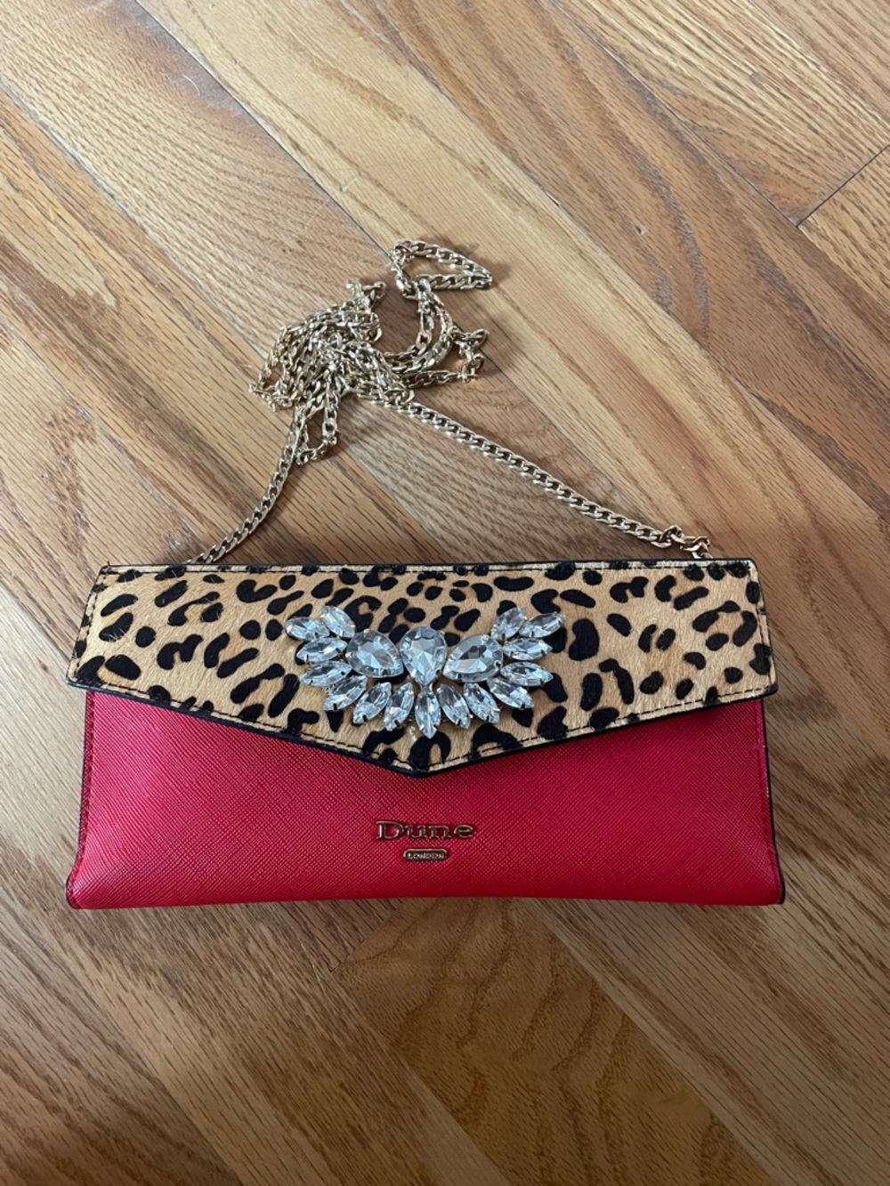 Red and Leopard Print Crystal-Embellished Shoulder Bag